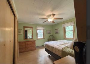 a bedroom with a bed and a ceiling fan at Bayview Resort Sunset Lookout Cabin 6 in Saint Germain