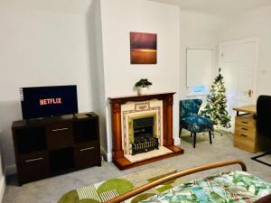 a living room with a fireplace and a christmas tree at Rural boutique private flat in Bedford