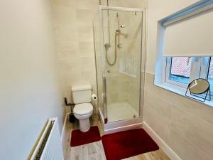 a bathroom with a toilet and a glass shower at Rural boutique private flat in Bedford +20 photos