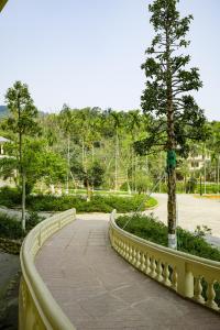 a bridge in a park with a tree on it at Bavieco - Nghỉ dưỡng, Dưỡng lão & Chữa bệnh theo Đông y in Ba Vì