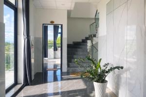 a staircase in a house with a potted plant at Ánh Mai Hotel in Bảo Lộc +49 photos