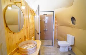 a bathroom with a shower and a toilet and a mirror at Antares Desert Camp in Merzouga