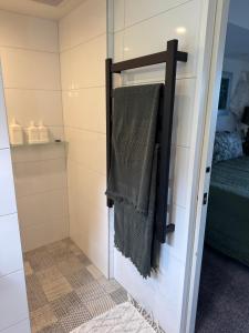 a bathroom with a shower with a green towel at Napier Apartment Ahuriri in Napier