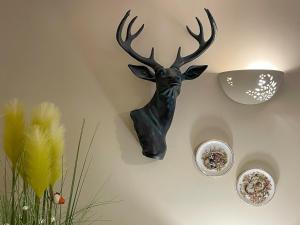 a wall mounted deer head with antlers on a wall at Mystified Bungalow in West Burton