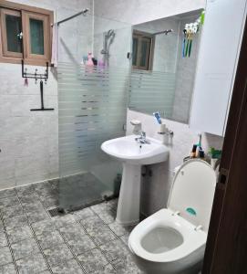 a bathroom with a toilet and a sink and a shower at Hwacheon Ujune Minbak in Hwach'ŏn