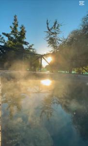 a misty body of water with trees and the sun at Termas del Vino 3 in Palmilla Abajo