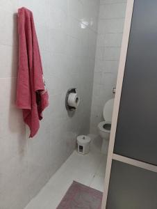 a bathroom with a toilet and a pink towel at Hotel Internacional in Cianorte