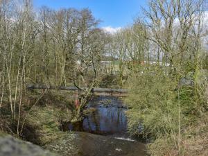 a bridge over a river with trees and water at Brun Cottage in Worsthorne