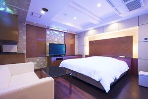 a bedroom with a bed and a tv and a couch at Hotel Revoir in Izumi