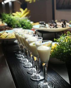 a row of wine glasses lined up on a table at Pride Elite Gandhinagar in Gandhinagar