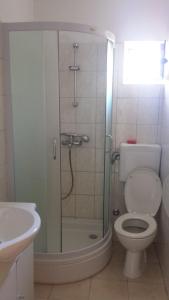 a bathroom with a shower with a toilet and a sink at Apartmani kod Rade in Pakoštane