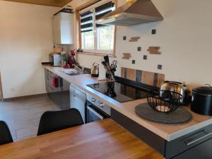 a kitchen with a stove and a counter top at Appartement Terrasse Jacuzzi du Pont Alsort 2-2 in Froid-Chapelle