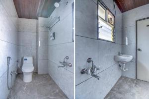 two pictures of a bathroom with a toilet and a sink at FabHotel Ayodhya in Pune