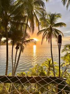 a view of the ocean and palm trees at sunset at Bocas Sunset Beach House in Bocas Town