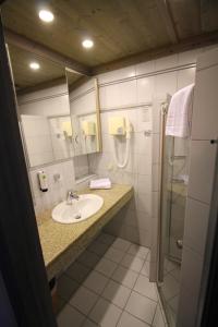 La salle de bains est pourvue d'un lavabo et d'une douche. dans l'établissement Hotel Promenade, à Bad Füssing