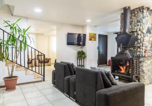 a living room with a couch and a fireplace at Hotel Chubu in Mestia