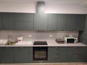 a kitchen with gray cabinets and a microwave on a counter at Villa Germini in Polje Čepić