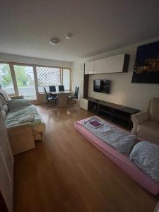 a living room with a couch and a tv in it at Cosy Accommodation - very central in Munich