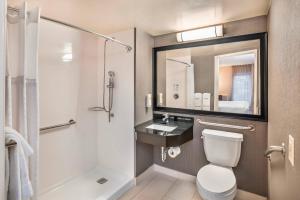 a bathroom with a toilet and a sink and a shower at Comfort Inn Moncton East in Moncton +23 photos