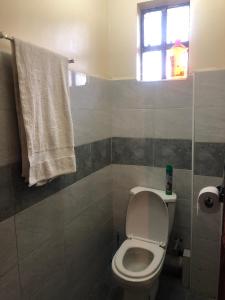 a bathroom with a toilet and a window at Hornville suites in Ongata Rongai 