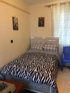 a zebra print bed in a bedroom with a blue chair at Hornville suites in Ongata Rongai 