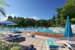 a pool with a dog sitting next to chairs and umbrellas at Rubin Hotel in Poreč