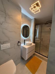 a bathroom with a sink and a mirror and a shower at All you need is Love1 in Bratislava +4 photos