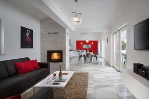 a living room with a couch and a fireplace at Istrian Villa Happy House in Nedeščina