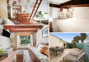 a collage of pictures of a bedroom and a living room at Studio Cosy avec terrasse et parking privé in Cap d'Agde