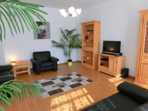 sala de estar con TV, sofá y silla en Ferienwohnung in Lobau, en Viena