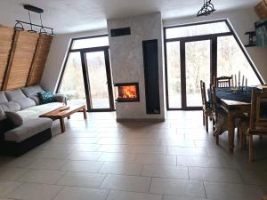 a living room with a fireplace and a couch and a table at Dream Cottage in Paltin +28 photos