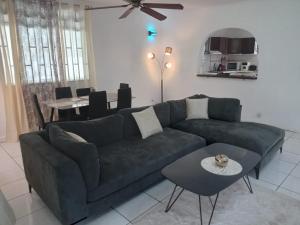 a living room with a green couch and a table at La villa fruitier Cavalier in Saint-Laurent du Maroni