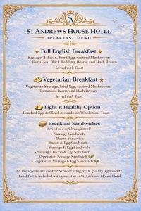 a menu for a st andrews house hotel at The Annexe, St Andrews house hotel, Two bedrooms Sleeps 4 in Preston