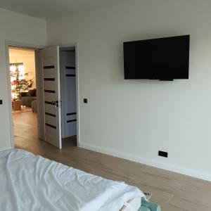 ein Schlafzimmer mit einem Bett und einem Flachbildfernseher an der Wand in der Unterkunft Avabi Concept in Nenciu