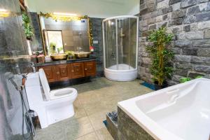 a bathroom with a toilet and a shower and a sink at Castle Colombo in Piliyandala +50 photos