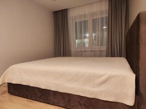 a bed in a bedroom with a window at Manere commoda in Šiauliai