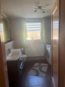 a bathroom with a sink and a toilet and a window at Ferienwohnung Schaller in Berg