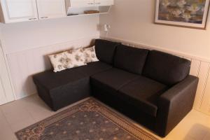 a black couch in a living room with a rug at Moonlight 213 Visit Levi in Levi