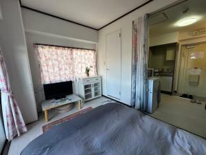 a bedroom with a bed and a television and a kitchen at Peace Wing 6D in Kami-nagarekawachō