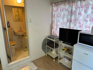 a bathroom with a toilet and a sink and a television at Peace Wing 3C in Hiroshima +37 photos