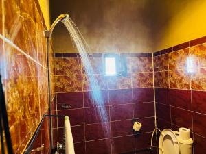 a shower in a bathroom with a sink and a toilet at Hotel Camping Les Roses Des Dunes & Piscine in Merzouga +97 photos