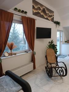a living room with a chair in front of a window at Popas 26 in Nădlac