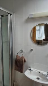 a bathroom with a sink and a shower and a mirror at Coolalingo B&B in Drumgoff Bridge +3 photos