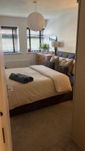 a bedroom with a large bed with a blue couch at Room at Wallington Green for professionals, free parking, near station, 30 min to London Bridge, 27 min to LDN Victoria in Wallington