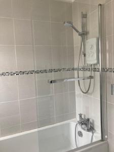 a bathroom with a shower and a bath tub at Awel Deg in Pembrokeshire