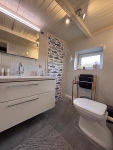 a bathroom with a toilet and a sink at Lüttje Koje - Ferienhaus direkt am Deich und dem Meer dahinter in Norden