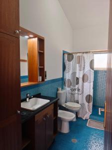 a bathroom with a toilet and a sink and a shower curtain at Maio Sweet Tartaruga in Vila do Porto +12 photos