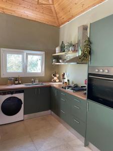 a kitchen with a sink and a stove at Papiri Beach Summerhouse in Agios Georgios +33 photos