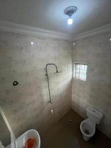 a bathroom with a toilet and a sink and a window at Funkytee Apartments in Isasi