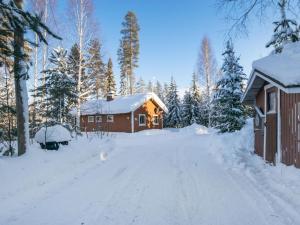 a house in the snow next to a road at Holiday Home Aamunsarastus by Interhome in Savonranta